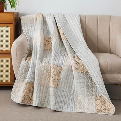 SLPR Cotton Quilted Throw Blanket, 50" x 60" Floral Farmhouse Patchwork Quilt, Shabby Chic Patchwork Throw Lap Quilt for Couch, Country Lane