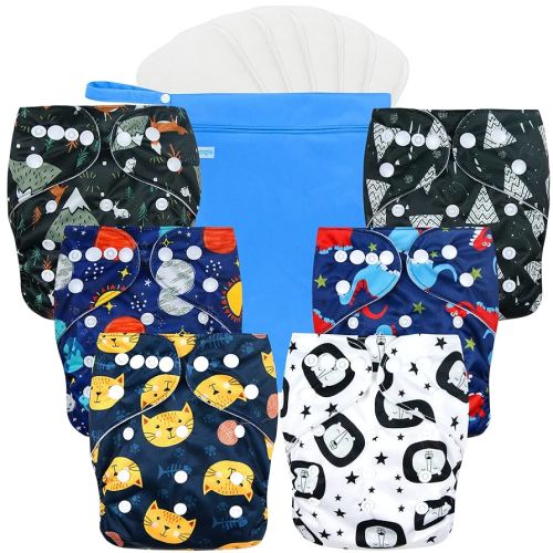 wegreeco Cloth Diapers 6 Pack with 6 Inserts & 1 Wet Bag, Washable Cloth Diapers for Babies, One Size Adjustable Reusable (Dinosaur)