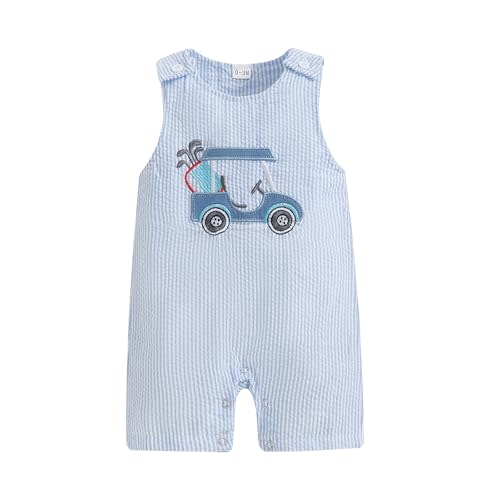 Aopwsrlyi Newborn Baby Boy Golf Outfit Golf Cart Embroidery Sleeveless Crew Neck Striped Romper Jumpsuit Summer Clothes