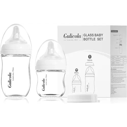 Natural Glass Baby Bottle Newborn Set, 3 oz and 5 oz with Extra Slow Flow & Slow Flow Nipple, Anti Colic, 0-3 Months, 2 Pack - White