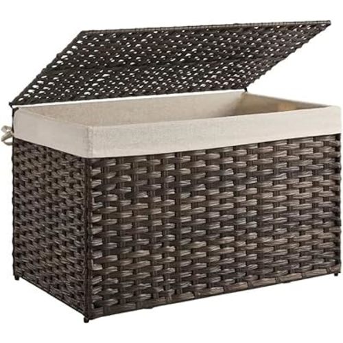 SONGMICS Storage Basket with Lid, Woven Blanket Storage Bin with Handles, Foldable, Removable Liner, Metal Frame, for Bedroom, Laundry Room, 42.3 Gallons (160 L), Brown URST76BR
