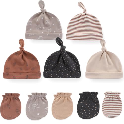 MAMIMAKA Baby Hat and Mittens Set Newborn Baby Hats Caps for Baby Boys Girls 0-6 Months 100% Cotton