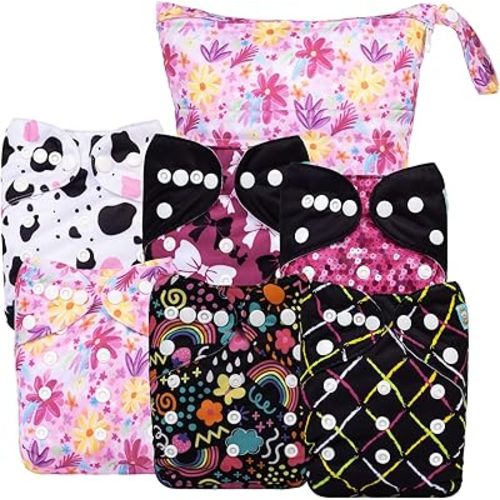 ALVABABY 6 Pack Cloth Diaper with 12 Inserts One Size Adjustable Washable Reusable Diaper Cover for Baby Girls and Boys 6DM70-L-AU