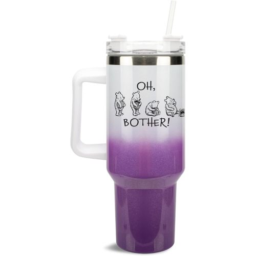 Elanze Designs Oh, Bother! Pooh Classic Bear 40 oz. Stainless Steel, Large Water Bottle Coffee Mug, Spill & Leak Resistant, Thermal Travel Tumbler with Handle, Lid & Straw, White/Purple