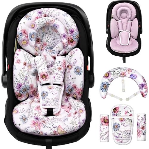 Infant Car Seat Insert with Extra Cushion for Preemie to Toddler, Reversible Newborn Carseat Insert Head Support, Fits for Stroller, Baby Swing, Rocker, Bassinets, Bouncer (Purple Wildflower)
