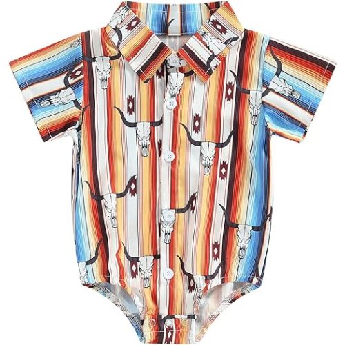 Karuedoo Western Baby Boy Clothes Cow Print Shirt Romper Infant Short Sleeve Button Down Bodysuit One Piece Gentleman Outfit