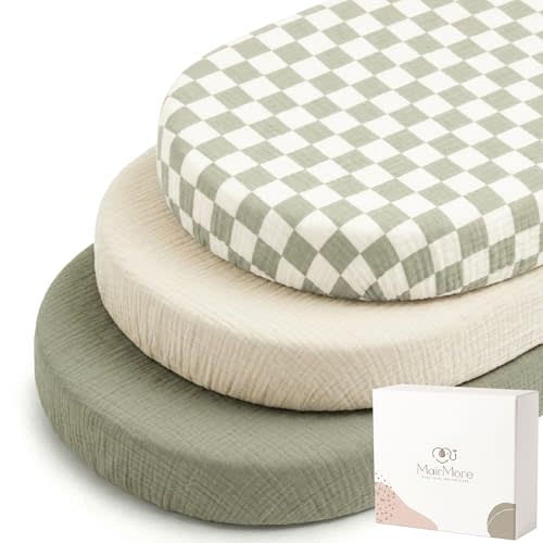 MairMore 3 Pack Muslin Bassinet Sheets for Babies, Soft & Breathable 100% Cotton Fitted Sheets for Oval, Rectangle, Hourglass Bassinet Mattress Pads (Green Chessboard)