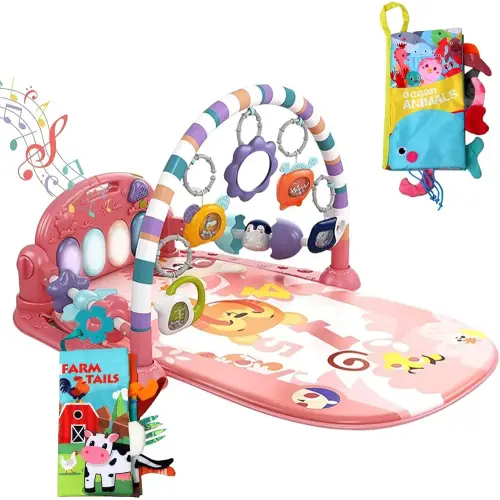 dearlomum Baby Play Mat Baby Gym,Funny Play Piano Tummy Time Baby Activity Mat with 5 Infant Sensory Baby Toys & 2 Baby Book Toys, Boy & Girl Gifts for Newborn 0 to 3 6 9 12 Months(Pink)
