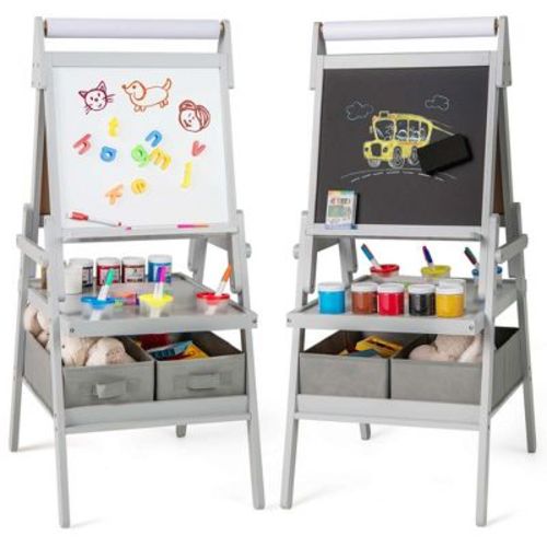Costway 3-in-1 Art Easel for Kids with Magnetic Chalkboard & Whiteboard Paper Roll Gray/White/Pink/Green