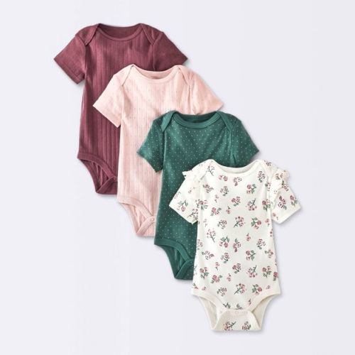 Baby Girls' 4pk Floral Pindot Pointelle Short Sleeve Bodysuits - Cloud Island™ Pink/green/burgundy 6-9M