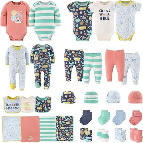 The Peanutshell Baby Layette Gift Set for Baby Boys or Girls - 30 Piece New Born Unisex Gift Set, Clothes & Newborn Essentials Must Haves - Clothes 0-3 Months - Happy Camper