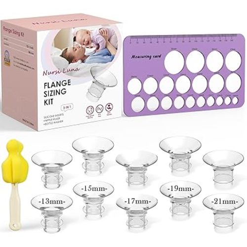 Flange Sizing Kit 3 in 1 Ultimate with 10PCS Flange Inserts 13/15/17/19/21mm, Nipple Ruler, Cleaning Brush, Silicone Flange Insert Kit for 24mm Most Pumps, Pumping Breastfeeding Essentials