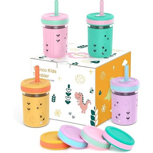 Tronco 8 oz Glass Sippy Cup for Toddlers, Kids Mason Jar Smoothie Cup with Silicone Sleeves & Spill Resistant Flexible Straw, Snack Cup, BPA-Free, Dishwasher Safe
