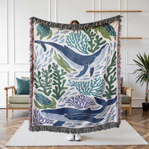 Ocean Blanket Woven – Ocean Lover Gift Sea Creatures Nursery Throw Blanket Ocean Tapestry Coastal Nursery Decor Whale Blanket Under the Sea