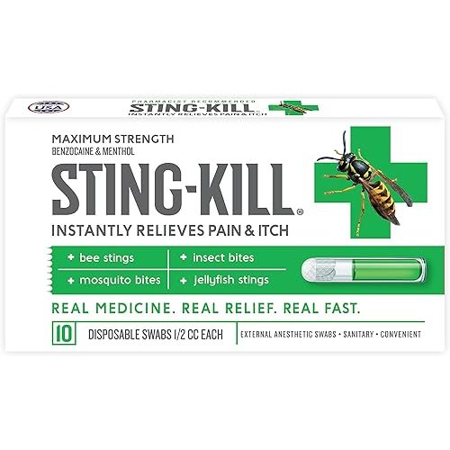 Sting-kill First Aid Anesthetic Swabs, Instant Pain + Itch Relief from Bee Stings and Bug Bites, 10-Count