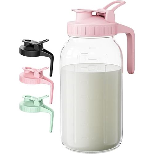 64oz Breast Milk Pitcher - 2 Qurat Glass Mason Jar with Lid and Pour Spout - 100% Airtight Leakproof Water Jugs for Iced Sun Tea, Juice, Cold Coffee, Breastmilk Storage Container - Pink