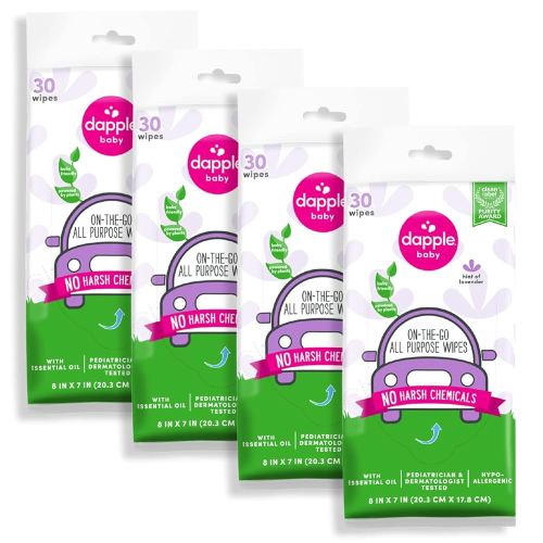 All Purpose Wipes by Dapple Baby, Hypoallergenic & Powered by Plants Cleaning Wipes, Hint of Lavender, 30 Count (Pack of 4)