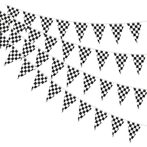 AhfuLife 30 Pcs Checkered Pennant Flag Banner, Checkered String Flags Racing Flags, Black and White Flag Buntings for Car Race Racing Party Car Garden Street Decorations(7.9×11 Inch -39 Ft)