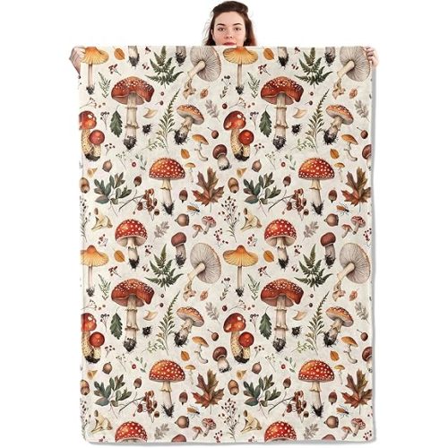 Vintage Mushroom Forest Blanket Lightweight Blankets Gifts for Adults Flannel Throw with Fern Botanical Printed for Sofa, Bed, Travel, Picnic, Camping, Office, Nature Decor Throws 60x50 Inch
