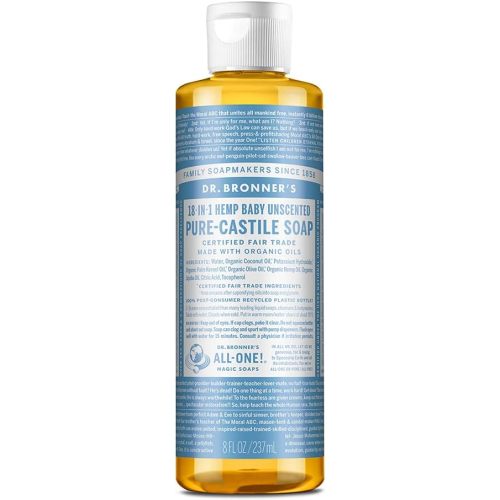 Dr. Bronner's - Pure-Castile Liquid Soap (Baby Unscented, 8 Ounce) - Made with Organic Oils, 18-in-1 Uses: Face, Hair, Laundry, Dishes, For Sensitive Skin, Babies, No Added Fragrance, Vegan, Non-GMO