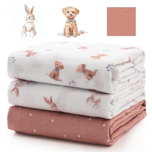 Momcozy Muslin Best Wishes Swaddle Blankets, Ultra Soft Neutral Registry Essentials, Starlit Paws & Bunny Hops, Breathable Large 47'' x 47'' Newborn Boys Girls Receiving Blanket