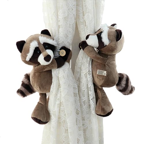 Vmogeicons Curtain Tiebacks, 1 Pair Cute Animal Curtain Holdbacks for Drapes, Buckle Hook Fastener Curtain Tie Backs Holder for Nursery Decor, Kids Bedroom Window Decorations (Raccoon)