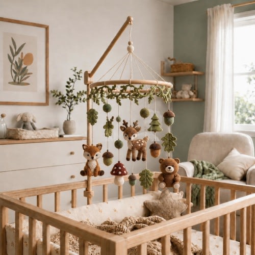 Woodland Crochet Baby Mobile, Forest Animal Crib Mobile, Boho Nursery Decor, Deer Fox Bear Baby Mobile, Handmade Baby Shower Gift