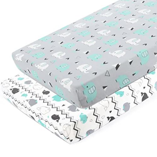 Pack n Play Stretchy Fitted Pack n Play Playard Sheet Set BROLEX 2 Pack Portable Mini Crib Sheets,Convertible Playard Mattress Cover,Ultra Soft Material,Elephant & Whale - grey teal animal