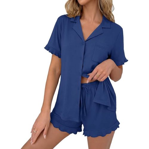 Ekouaer Pajamas Set for Women Button Down Pjs Lounge Sets Ruffle Short Sleeve Sleepwear Cute Loungewear