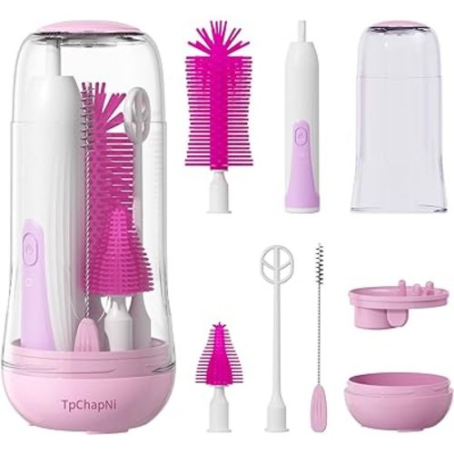 Electric Travel Baby Bottle Brush Set, Electric Bottle Brush Cleaner, Silicone Bottle, Nipple and Straw Brush, Stirring Disperser, Drainage Rack, Storage Box (Purple)
