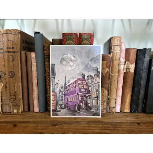 Wizard Magic World Print A5 Postcard - The wizards' purple bus travels through the streets of London at night -moon in the sky -gold inserts
