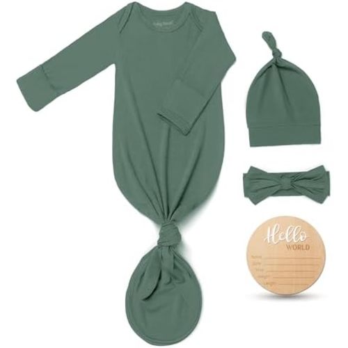 Hello World Newborn Knotted Gown 0-3 Months, Coming Home Outfit Baby Bamboo Viscose Sleeper with Hat,Headband,Wooden Sign