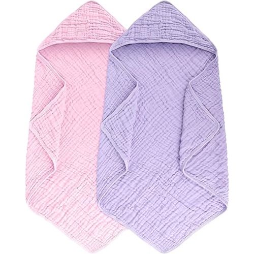 Synrroe 2 Pack Hooded Muslin Cotton Baby Towels, 32x32Inch, Pink & Purple