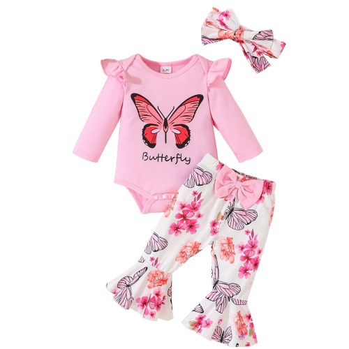 WIBACKER Newborn Baby Girl Clothes Infant Rib Frill Long Sleeve Romper Flared Pants Headband Set 3pcs Fall Winter Butterfly Outfits