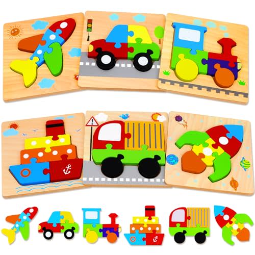 Wooden Puzzles Toys for Ages 2-4, Toddler Puzzles Toys Gifts for 1 2 3 Years Old Boys Girls, 6 Pack Vehicle Shape Montessori Learning Toy for Kids Babies Toddlers 1-3 2-3 12 18 Months