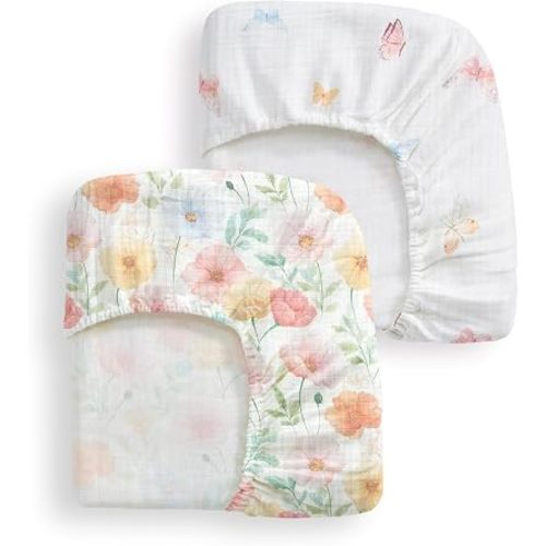 Crib Sheets 2 Pack - 100% Cotton Fitted Crib Sheet for Baby Boys Girls, Soft Breathable Toddler Bedding, Standard Crib Mattress 52"x28", Blossom Butterfly Garden