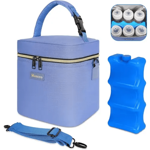 Mancro Breastmilk Cooler Bag with Ice Pack Fits 6 Baby Bottles Up to 9 Ounce, Insulated Baby Bottle Bag with Strap, Bottle Cooler Bag for Nursing Mom Daycare, Blue