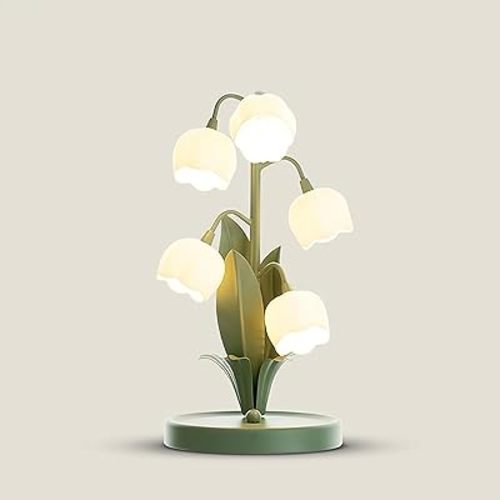 PURESILKS Vintage Flower Table Lamp, Floral Glass Shade, Lily of The Valley, White, Iron