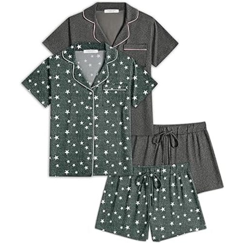 Ekouaer 2 Pack Womens Pajamas Set Button Down Summer Sleepwear Short Sleeve Comfy Pjs Loungewear Set