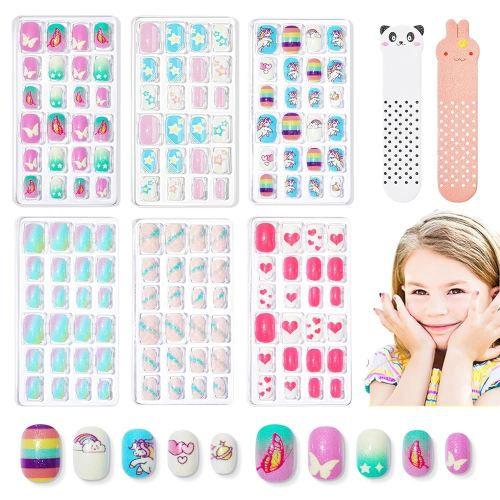 Modelones Press on Nails for Kids 144Pcs 6 Pack Children Acrylic Fake Nails Pre-glue Full Cover Glitter Gradient Color Starts Unicorn Butterfly False Nail Kits Sets Easter Gifts for Kids Girls