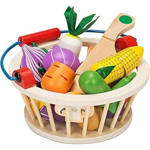Victostar Magnetic Wooden Cutting Fruits Vegetables Food Play Toy Set with Basket for Kids