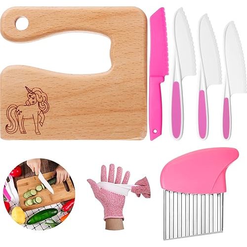 7 Pieces Wooden Kids Kitchen Knife Include Wood Kids Knife Plastic Potato Slicers Cooking Knives Serrated Edges Toddler Plastic Resistant Gloves for Kitchen Children