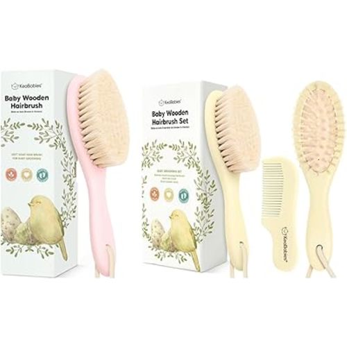 Keababies Baby Hair Brush and Baby Hair Brush and Baby Comb Set - Baby Brush with Soft Goat Bristles - Wooden Baby Brush with Soft Goat Bristle For Healthy Baby Hair Growth