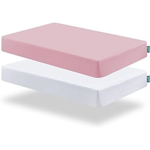 Biloban Pack and Play Sheets Fitted, 2 Pack Pack and Play Sheet Fits for Graco Pack n Play Mattress, Neutral Playard Sheets for Baby Boys and Girl, White & Pink, 38”X 26”