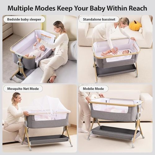 Larex Baby Bassinet Bedside Sleeper Crib Co Sleeper for Newborn Infant Toddler with Mosquito Net, Storage Bag & Basket, 5-Height Adjustable, Movable Wheels, Breathable Mattress & Mesh (Dark Gray)
