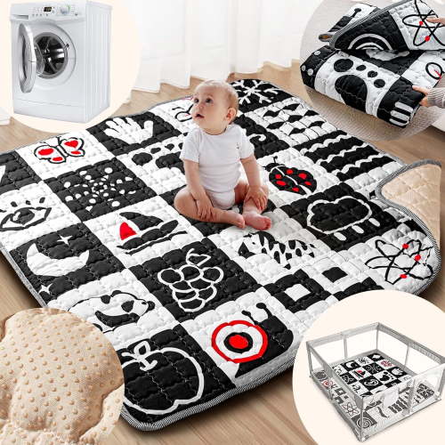 Beavtaens Baby Play Mat, 50x50 Playpen Mat with Super Soft Touch, Upgraded Anti-Slip Bottom, Machine Washable Crawling Mat for Floor & Picnic (High Contrast)