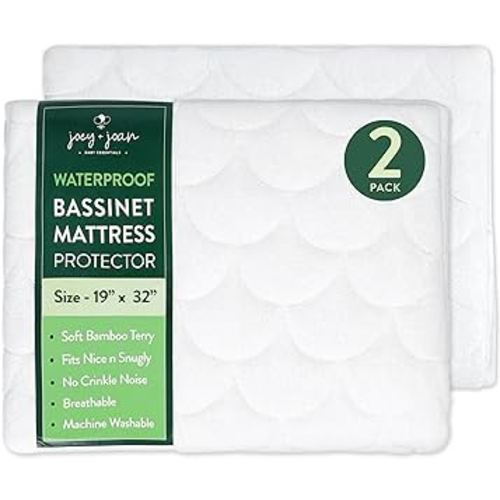 Joey + Joan Waterproof Bassinet Mattress Pad Cover 19" x 32" for Cowiewie Bedside Sleeper Bassinet Sheets – Made from Ultra Soft Bamboo Viscose Terry – 2 Pack
