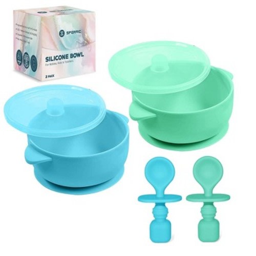 Sperric Silicone Suction Baby Bowl with Lid - BPA Free - 100% Food Grade Silicone - Infant Babies and Toddler Self Feeding (Blue/Green)