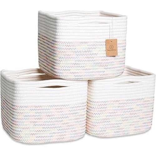 NaturalCozy Storage Cubes 9”x9”x7”Cotton Rope Woven Baskets for Organizing 3-Pack | 9 Inch Cube Storage Bin | Small Basket for Shelf Nursery, Pantry, Decorative Plant, Bathroom Closet, Toy Gift