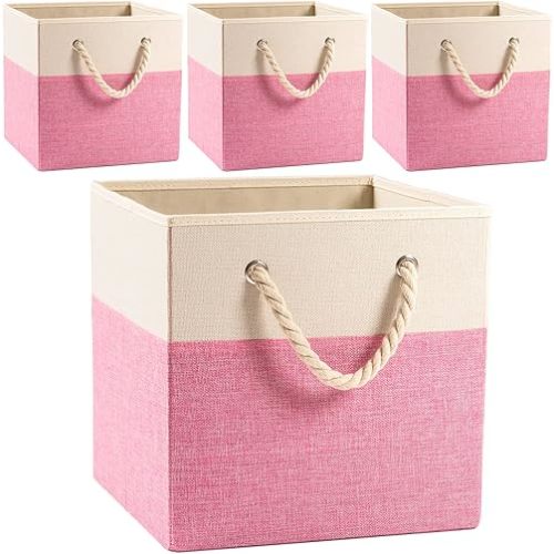 PRANDOM Large Foldable Cube Storage Bins 13x13 inch [4-Pack] Fabric Linen Storage Baskets Cubes Drawer with Cotton Handles Organizer for Shelves Nursery Closet Bedroom Pink